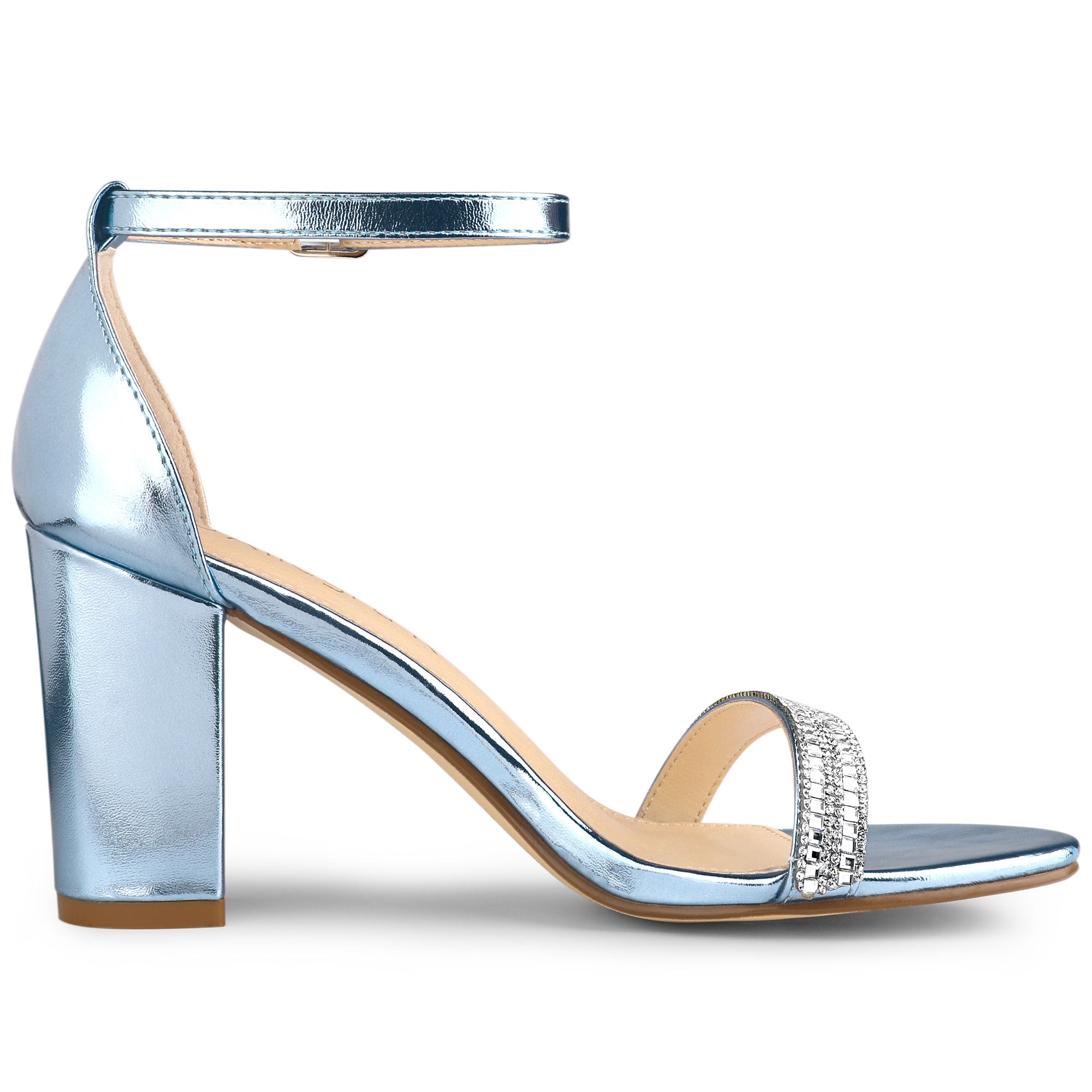 Unique Bargains Women's Sandals Block Heels Solid Rhinestone Ankle Strap Sandals