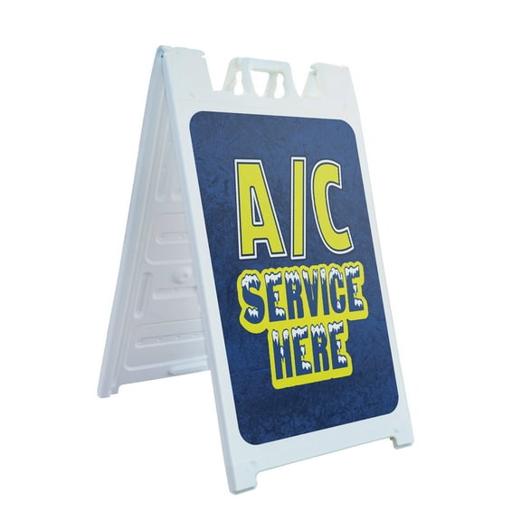 A/C Service Here  24" x 36" Double Sided A-Frame Sidewalk Sign, Includes 2 Plastic Inserts | Foldable Portable White Signicade Sandwich Board Signs