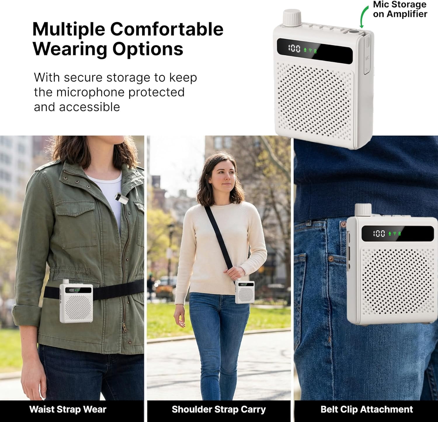 Wireless Voice Amplifier for Teachers with Microphone - Portable Rechargeable 10W Bluetooth Speaker with Wireless Clip-On Mic Waist Strap for Classroom Teaching Public Speaking Training (White)