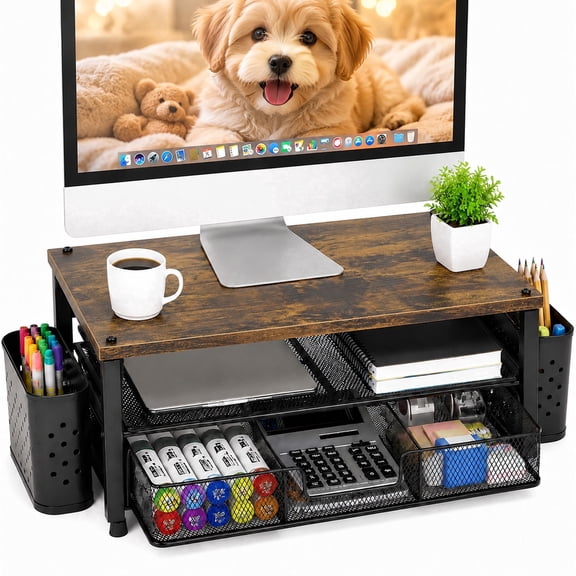 BUSATIA 2 Tier Monitor Stand Riser, Desk Organizer with Drawer and 2 Pen Holders, Printer & Laptop Stand, Office Desk Accessories & Workspace Organizers for Home Office Supplies, Brown Wood