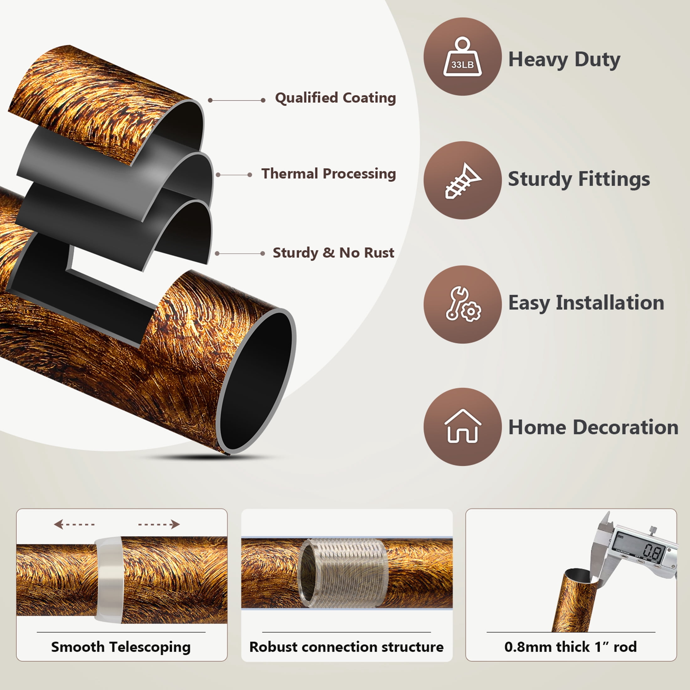 Yokila Vintage Gold Curtain Rod for Windows 16 to 60 Inches 1" Diameter Decorative Heavy Duty Window Curtain Rod Adjustable with Solid Finials for Living Room Outdoor Bedroom Kitchen Farmhouse