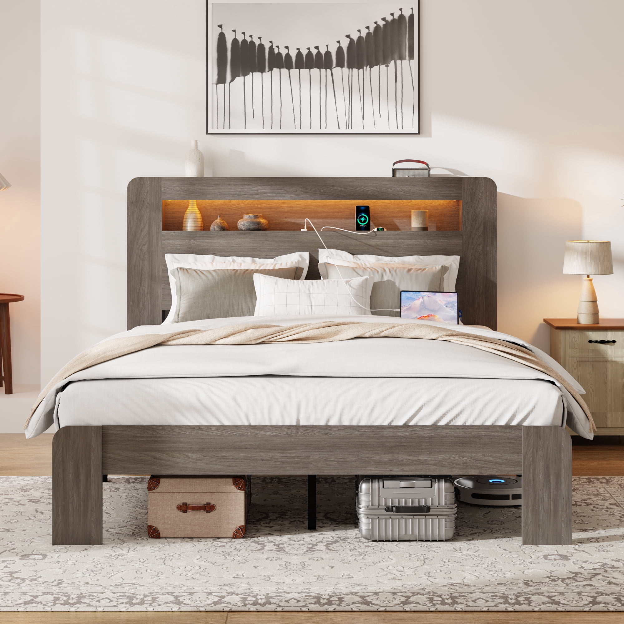 BSHTI Bed Frame with 2-Tier Storage Headboard, Wood Platform Bed Frame with Built-in Charging Station & LED, Queen Size, Vintage Grey, Platform Wood Bed for Bedroom
