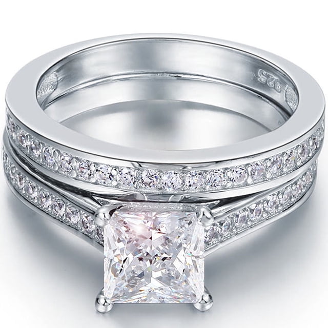 JeenMata Conjunto Nupcial de Moissanita de Corte Princesa de 2 Quilates - Conjunto Nupcial - Anillo con Engaste en Canal - Anillo Exclusivo - Oro Blanco de 18 K sobre Plata