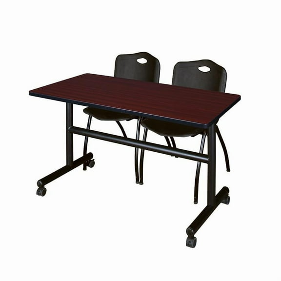 48" x 30" Flip Top Mobile Training Table-Mahogany and 2 "M" Stack Chairs-Black