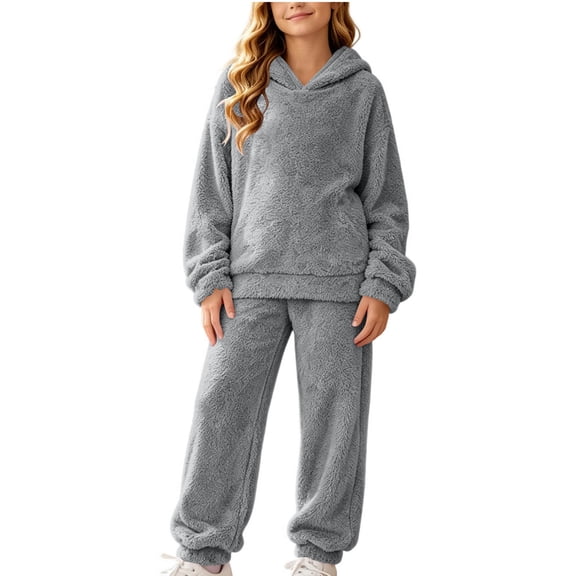 OGLCCG Girls 2 Piece Outfit Set, Winter Soft Sherpa Fleece Hooded Pullover Top and Jogger Pants Cozy Plush Loungewear Tracksuit for Girls(Gray,13-14year)