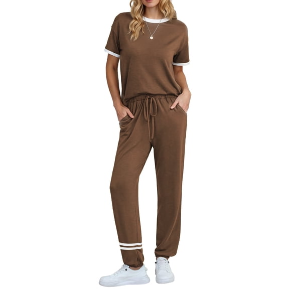 MOSHU Womens Two Piece Outfits Short Sleeve Color Block Tops Long Pants with Drawstring Tracksuit Jogger Sets