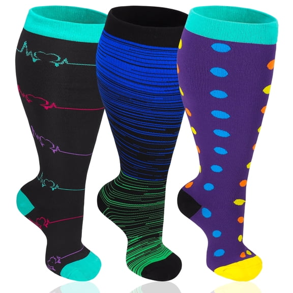 Hengguang 3 Pairs Plus Size Compression Socks for Women & Men, 20-30 mmHg Wide Calf Extra Large Knee High Flight Socks Compression Stockings, 4XL