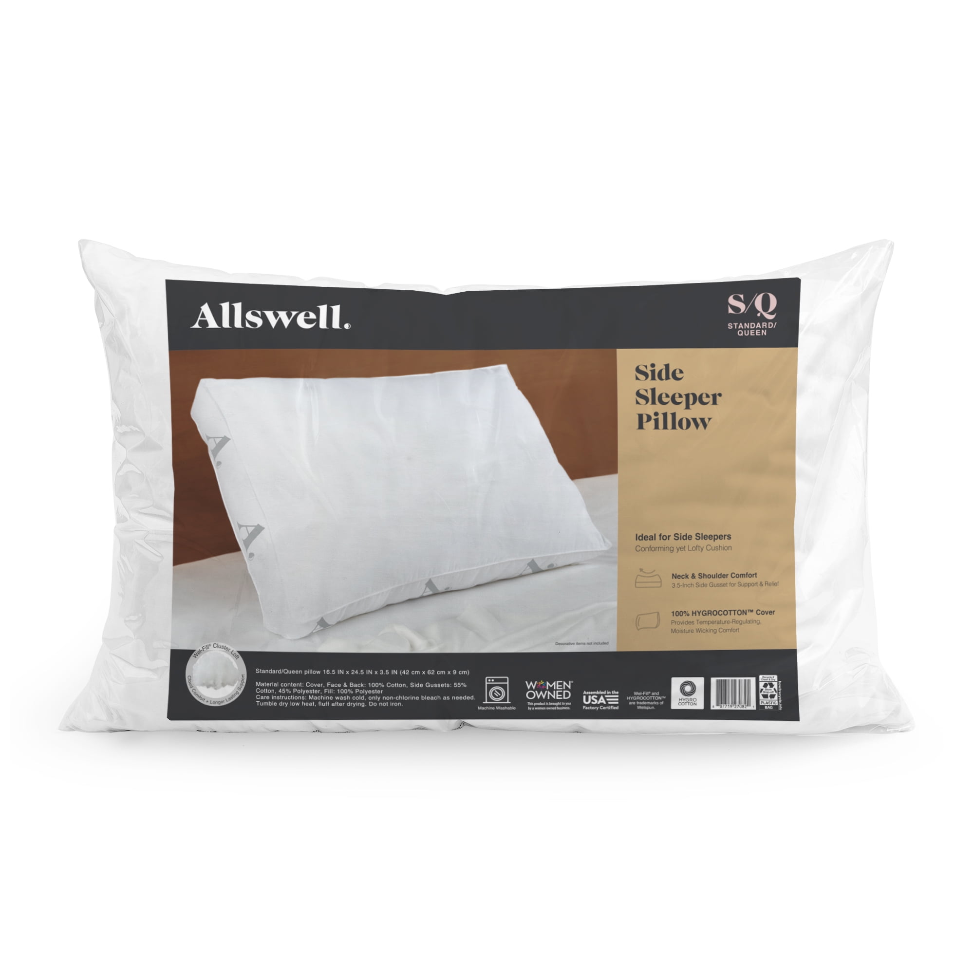 (2 pack) Allswell Side Sleeper Bed Pillow with HYGROCOTTON® Cooling Pillow Cover, Standard/Queen