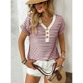 thumbnail image 4 of Summer V-neck Short Sleeve Knitted T-shirt Patchwork Button Pullover Top, 4 of 6