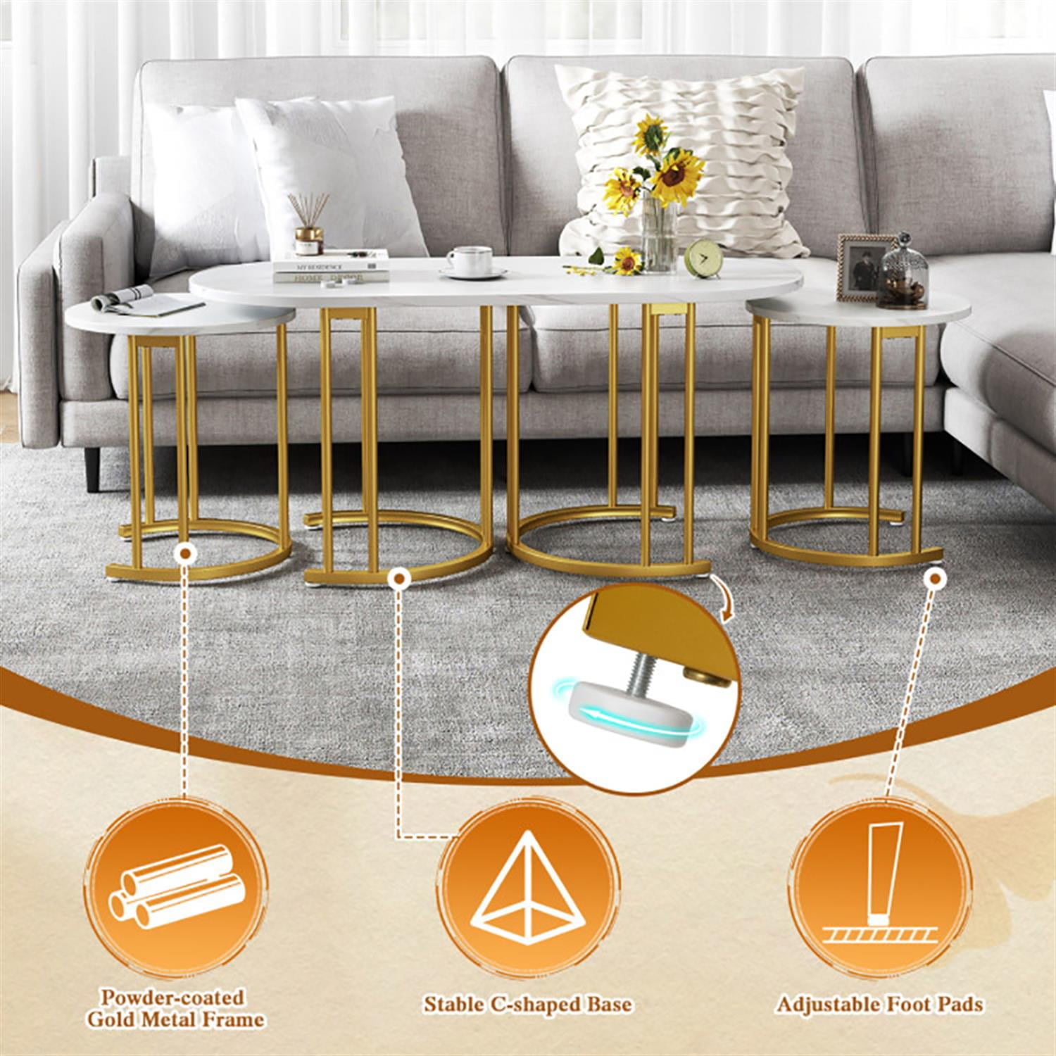 Demi Bonn Coffee Table Set of 3, Powder-coated Gold Metal Frame Dining Center Tables with Faux Marble Tabletop for Living Room, Bedroom, Office and Balcony, White