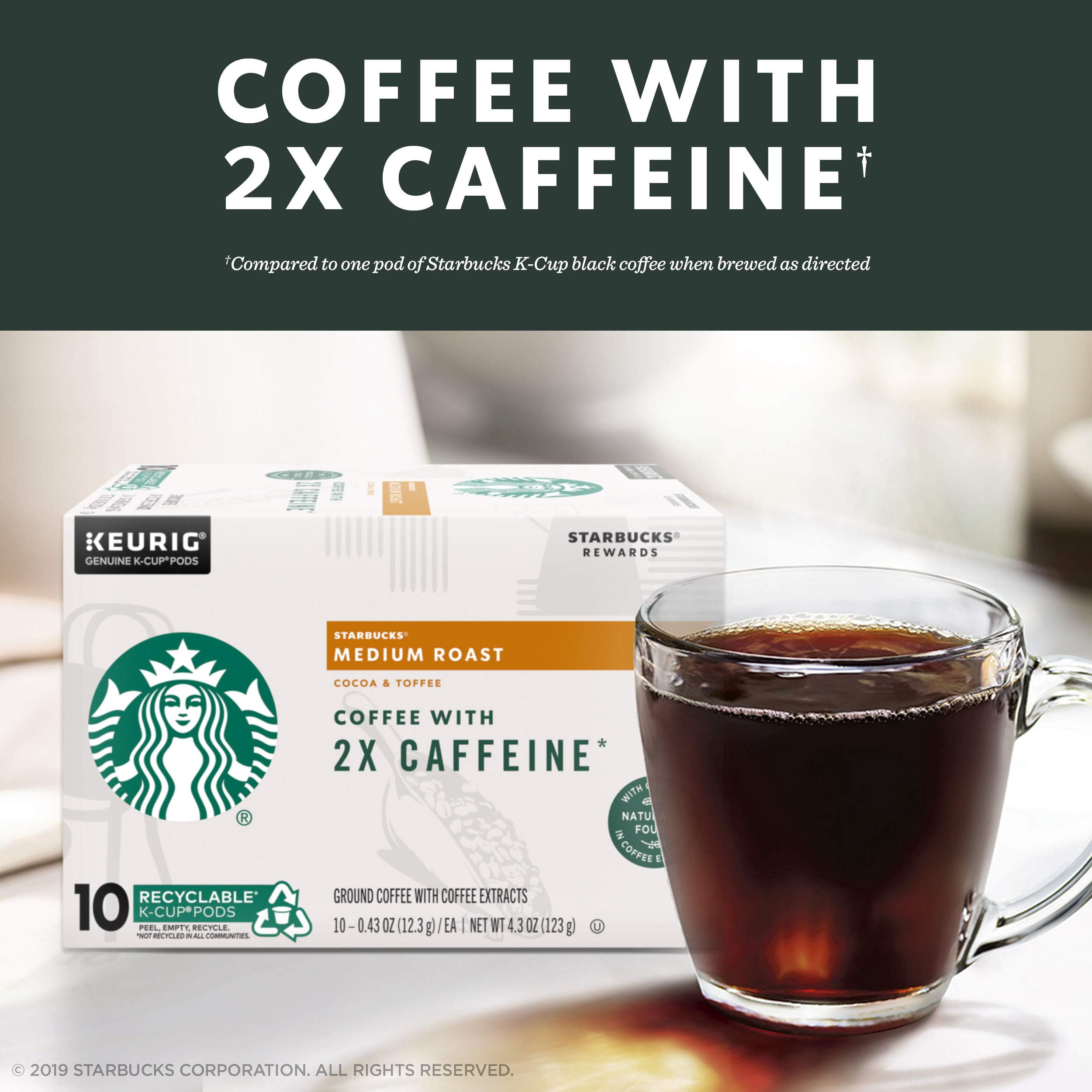 Starbucks Medium Roast K-Cup Coffee Pods With 2X Caffeine — For Keurig Brewers, 10 Count (Pack Of 6)
