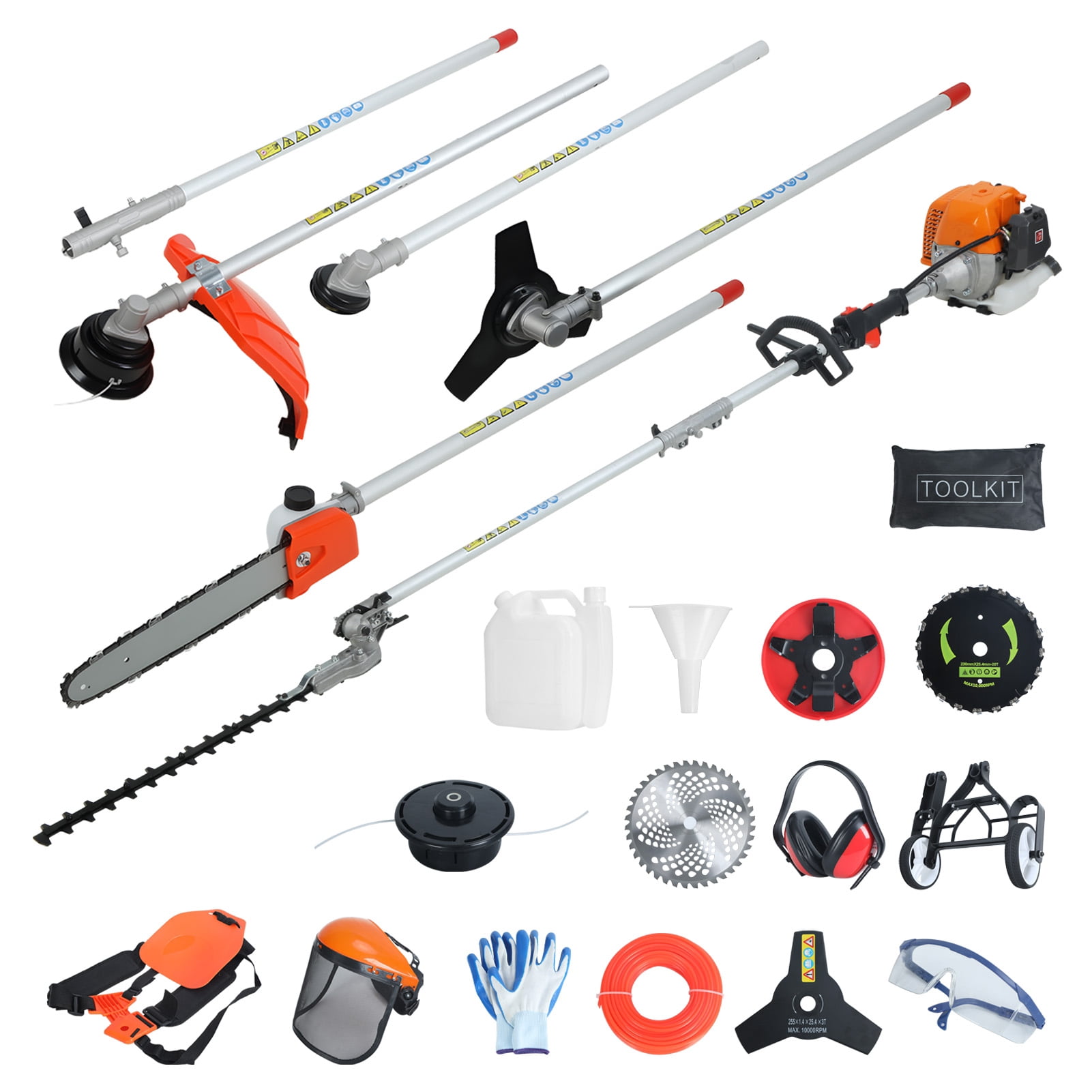 Nuoxin 8-1 Multi-Functional Trimming Tool, 52CC 2-Cycle Garden Tool System with Gas Pole Saw, Hedge Trimmer, Grass Trimmer, and Brush Cutter EPA Compliant