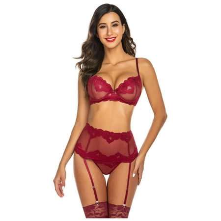 

Avidlove Women Lingerie Set with Garter Bra and Panty Set 3 Piece Lace Underwired Lingerie Wine Red1，XXL