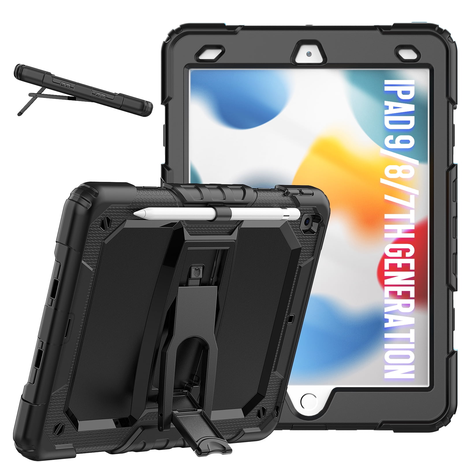 ELEHOLD for iPad 10.2 2021/2020/2019 Ragged Case, Soft Silicone Hard PC Shoulder Strap Built-Kickstand Anti-Drop Shockproof Heavy Duty Protective Cover Case,Black