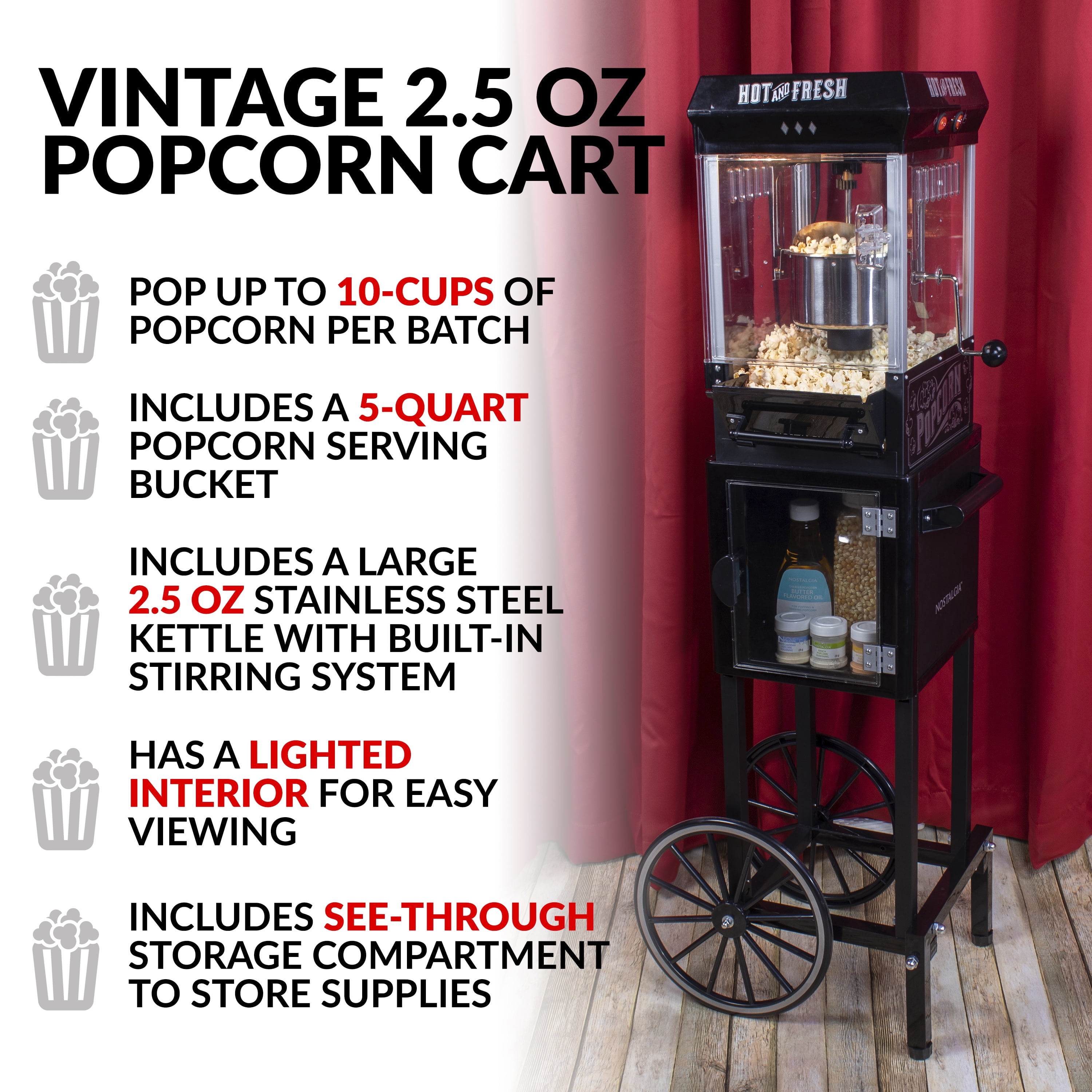 Kettle Popcorn Cart Nostalgia 48-Inch Tall 2.5-Oz