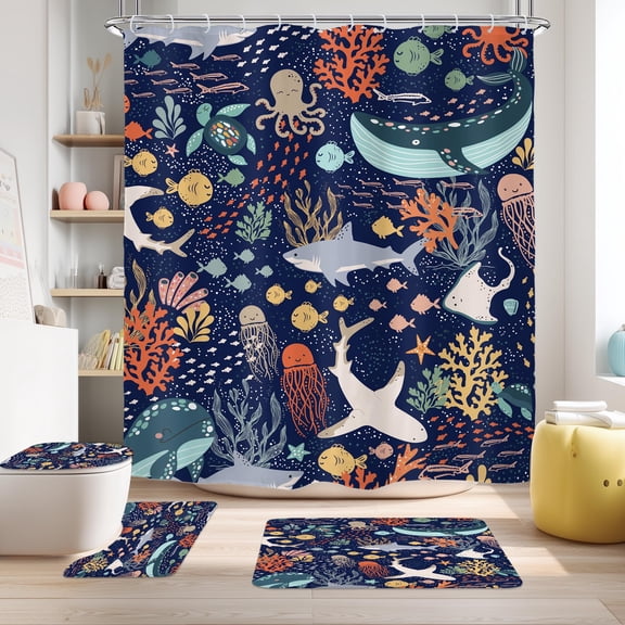 Kids Shark Fish 4Pcs Bathroom Shower Curtain Sets Blue Ocean Whale Sea Animals Bathroom Decor Set with Rugs and Accessories Funny Cartoon Toilet Lid Rug, Contour and Bath Mat with 12 Hooks