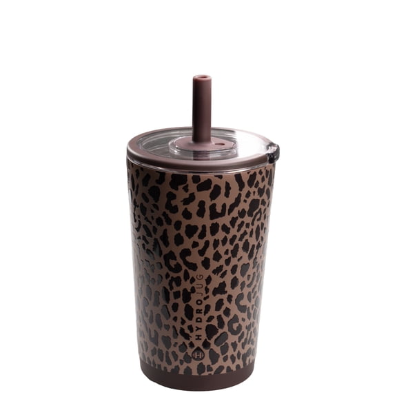 HydroJug Everyday Tumbler Ceramic-Lined Insulated Tumbler with Straw and Soft-Touch Lid, Cup Holder Friendly 14 oz, Brown Leopard