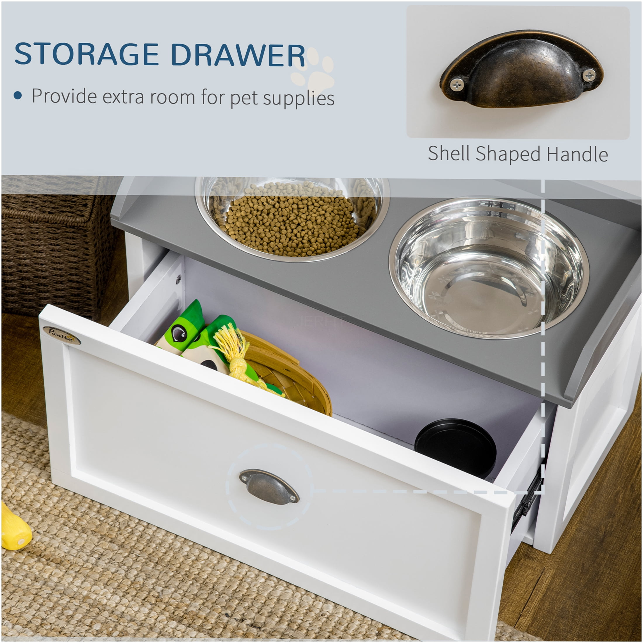 JERFIT Elevated Dog Feeder Station with Storage Drawer, White Wooden Pet Dining Table with 2 Stainless Steel Bowls for Large Dogs
