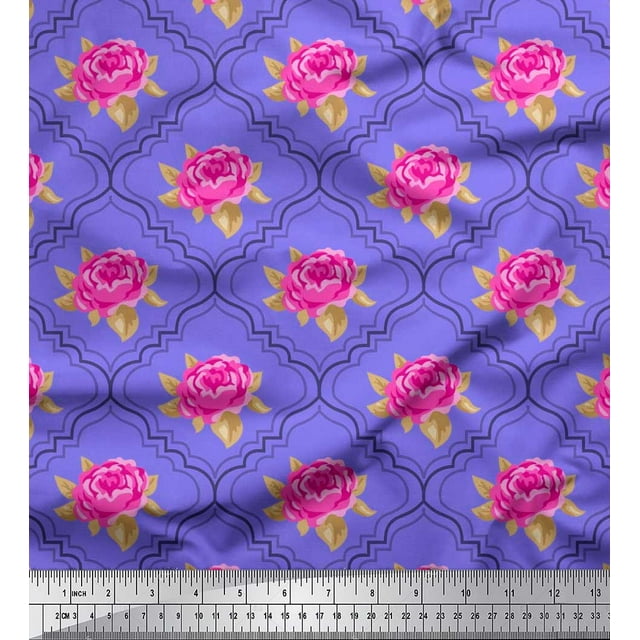 Soimoi Tissu en Viscose Chiffon Design Quatrefoil, Imprimé Feuilles & Roses au Mètre 42 Pouces de Large
