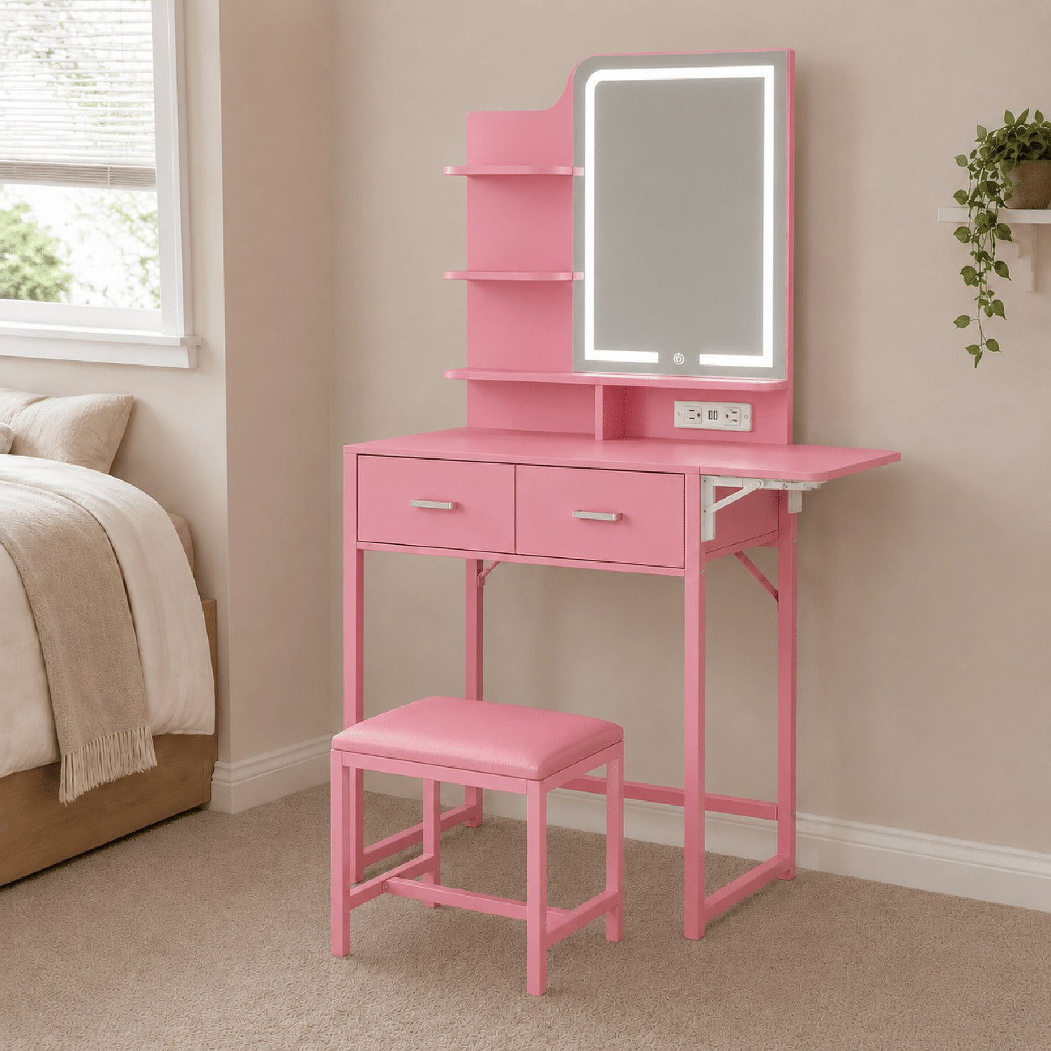 Vanity Desk with Lighted Mirror and Fold-Up Panel, Makeup Table with Fabric Storage Drawers, 3-Tier Shelves, Power Outlet and USB Ports, Cushioned Stool