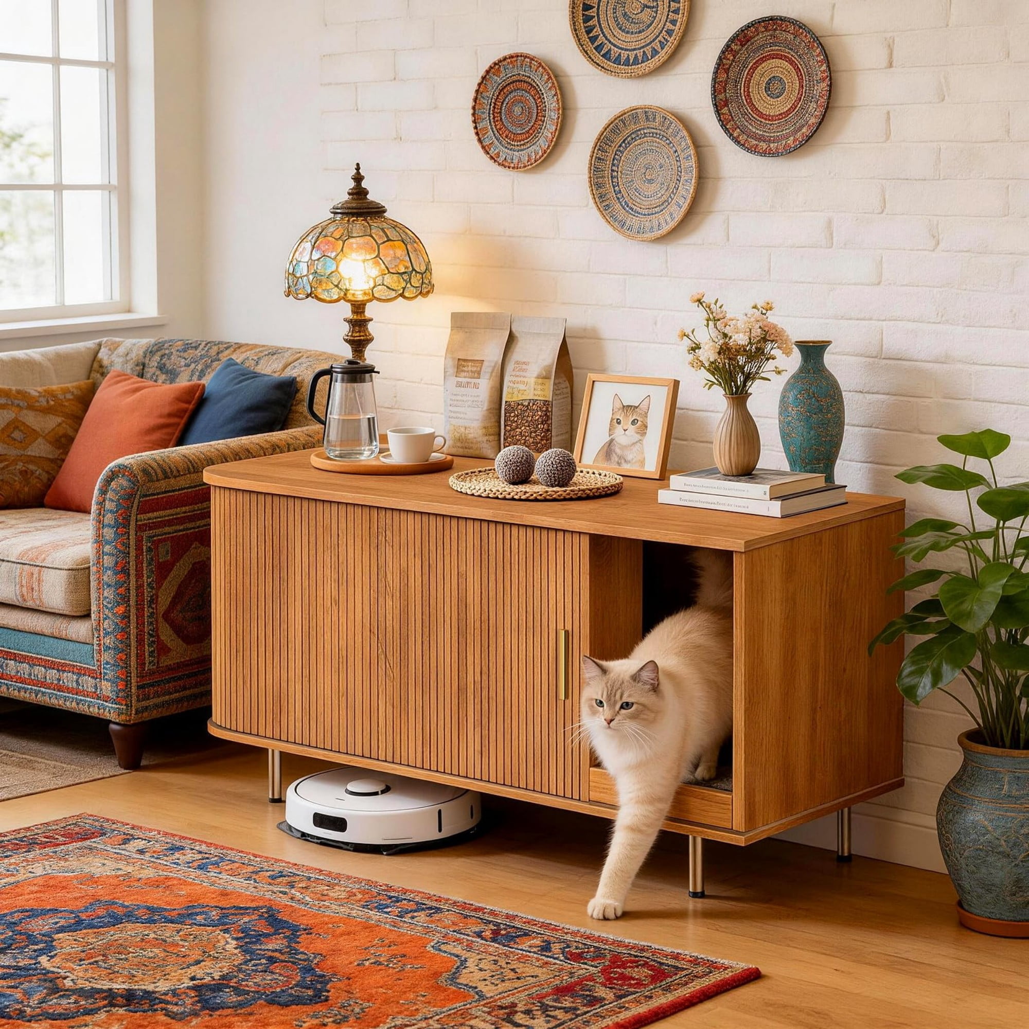 Cat Litter Box Enclosure Furniture with Sliding Door, Hidden Cat House Cabinet with Scratch Pad, Modern TV Stand Side Table, Yellow