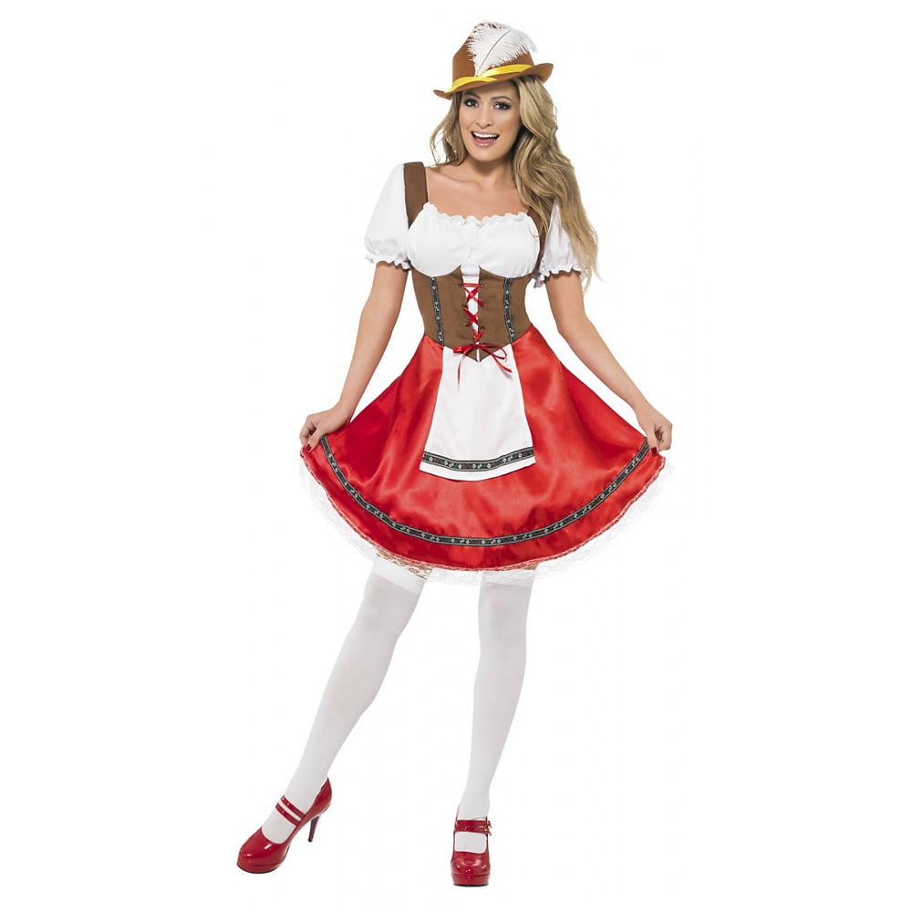Deluxe Ladies Oktoberfest Costume Red Bavarian Beer Maid Dirndl Fancy Dress 