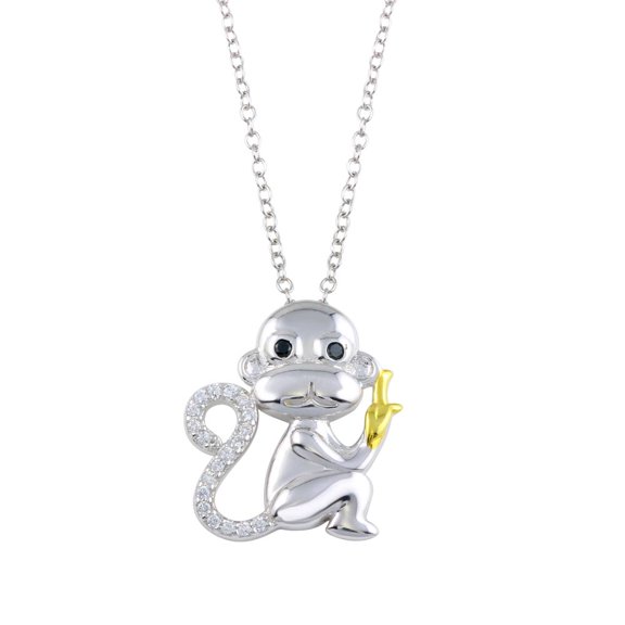 Clear & Black CZ Monkey Banana Necklace Two-Toned Plated Sterling Silver