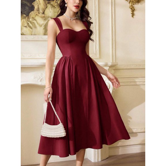 Burgundy Fit & Flare Midi Dress With Sweetheart Neckline And Corset Bodice