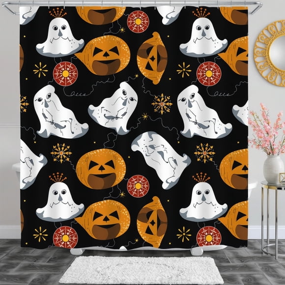 Halloween Shower Curtain with Cartoon Ghosts -Lanterns, Whimsical Design for Festive Bathroom Decor