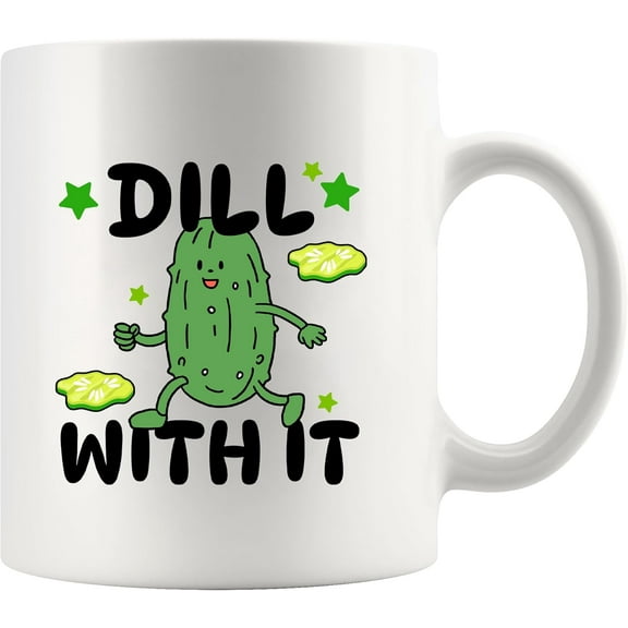 Dill With It Vegan Gifts For Women Men Funny Pickle Lover Gifts Pickle-Themed Mugs Novelty Drinkware Ceramic Mug 11 oz White
