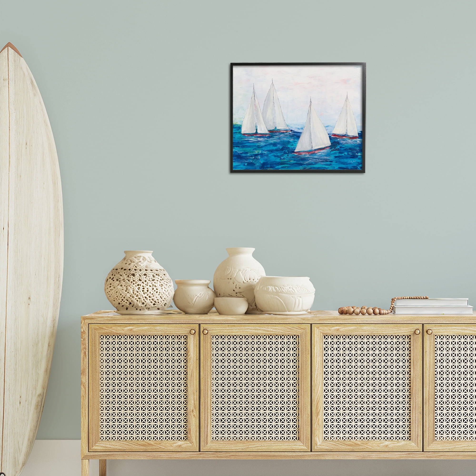 Stupell Industries Sailboat Fleet on Ocean Coastal Painting Black Framed Art Print Wall Art, 20 x 16