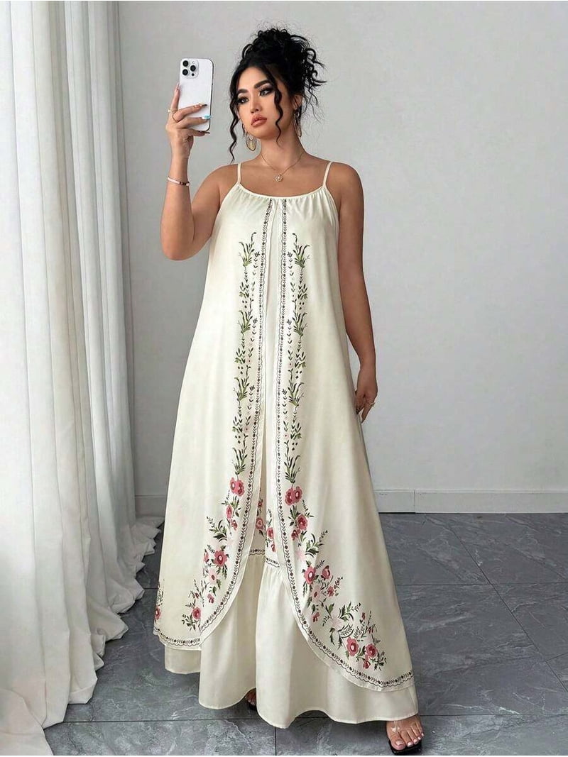 walmart bohemian dresses /// White Bohemian Embroidered Maxi Dress With Floral Print And Spaghetti Straps For Women, Women's, Size: 3XL