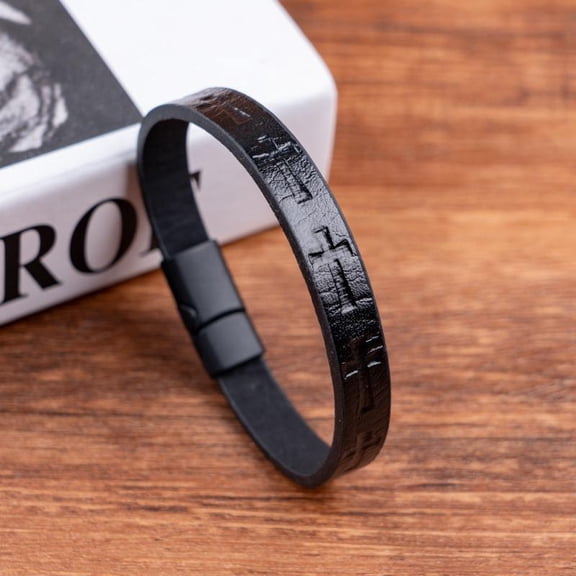 Cross Bracelet for Men Women,Black/Brown Leather Cross Bracelet with Stainless Steel Buckle Religious Wristband Christian Jewelry