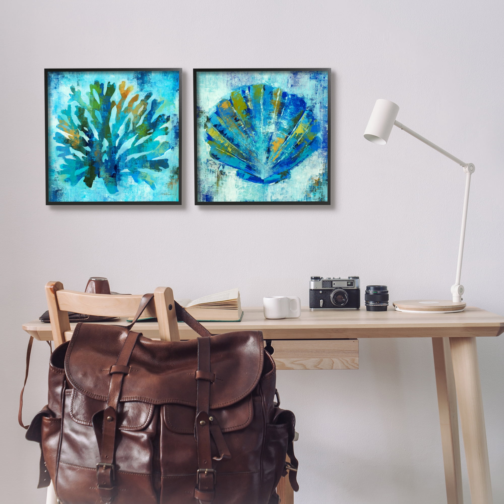 Stupell Industries Blue Sea Life Abstraction Animals & Insects Painting Black Framed Art Print Wall Art, 17 x 17, Set of 2