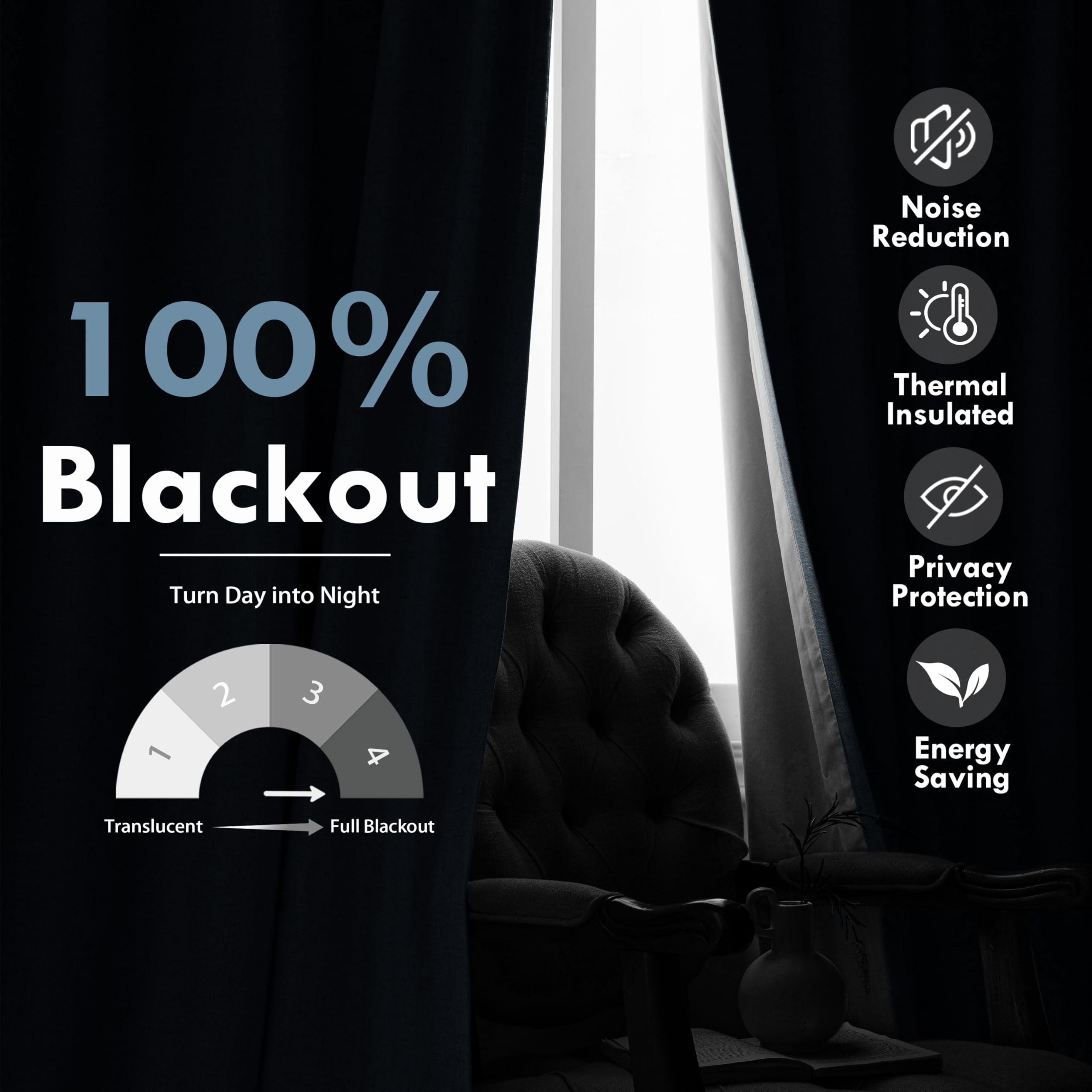 DriftAway 100% Blackout Linen Curtains for Bedroom 84 Inches Long Farmhouse Thermal Insulated 3 Inch Rod Pocket Back Tab Full Light Blocking 2 Panels for Living Room Nursery