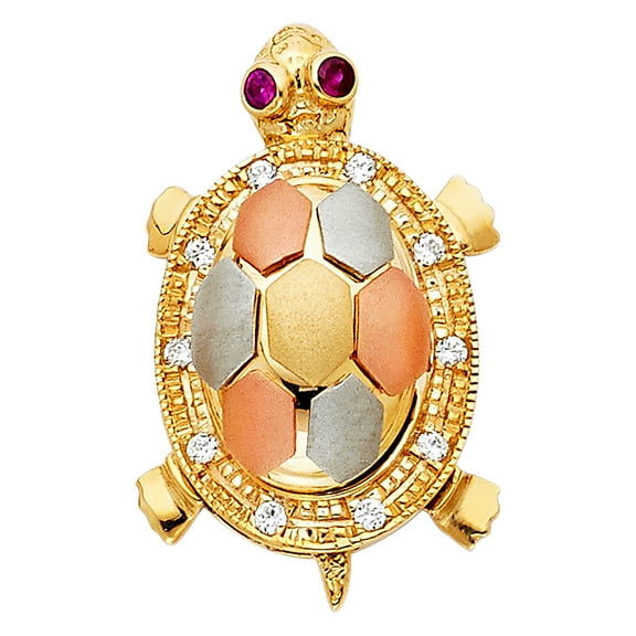Wellingsale 14K Tri 3 Color Gold Polished Turtle Charm Pendant with CZ Accents