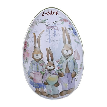 

QUSENLON for Creative Cute Tinplate Organizer Bunny Printed Metal Easter Egg Shaped Candy Box Chocolate Storage Can Holder Decor