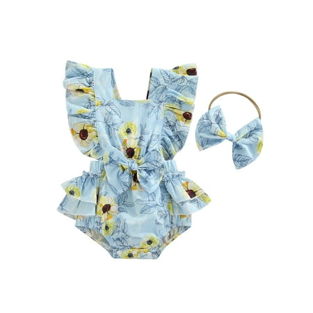 

Frobukio Infant Baby Girls 2Pcs Summer Outfits Cute Ruffle Sleeve Elastic Waist Floral Romper with Headband Set Blue 9-12 Months