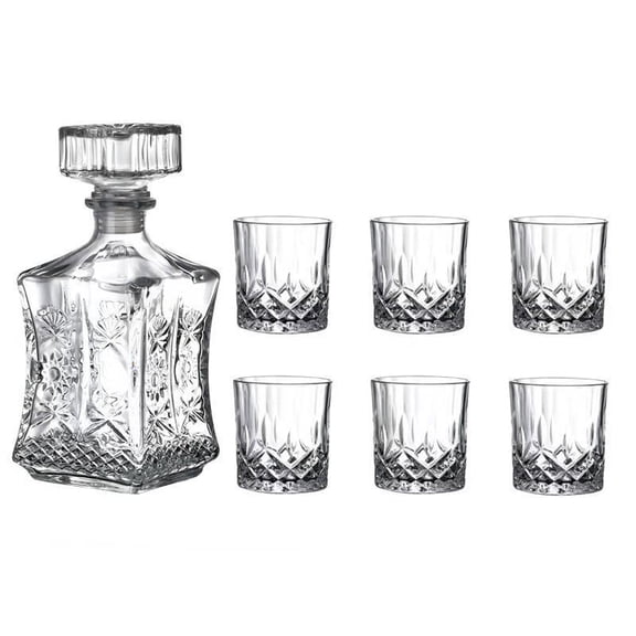 DFS 7 Pcs Crafted Crystal Glasses Whiskey Decanter & Glasses Set, Non-Lead Glass Decanter Set for Dad Husband - Sun flower Pattern Bottle