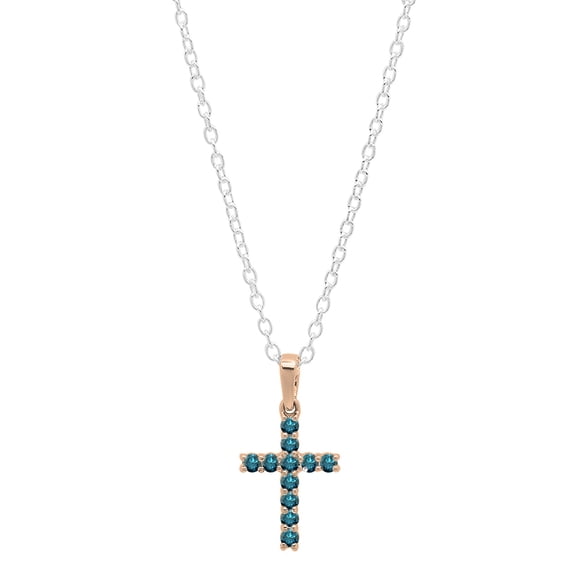 Dazzlingrock Collection Round Blue Diamond Divine Cross of Jesus Pendant for Women with 18 Inch Silver Chain (0.15 ctw, Color Blue, Clarity I2-I3) in 18K Rose Gold