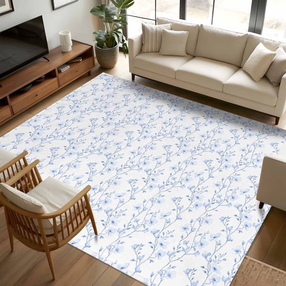 8x10 Area Rugs Blue Spring Floral Non-Skid Rubber Backing Large Rectangle Rugs - Living Room Bedroom Home Office, Elegant Watercolor Summer Botanical Indoor Floor Mat Carpets Washable Rug