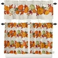 thumbnail image 2 of Autumn Kitchen Window Valance and Tier Set Fall Pumpkin Vine with Leaf 3 Piece Rod Pocket Valances Short Curtain, Retro Linen Texture Small Windows Treatment Tiers Curtains for Bedroom/Cafe/Bathroom, 2 of 5