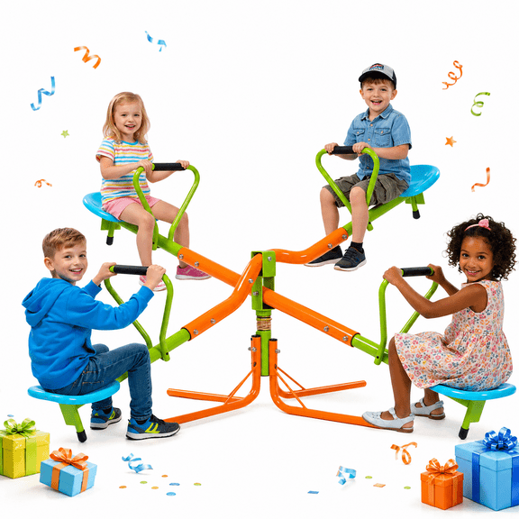 Naipo 4-Seat Spinning Teeter Totter for Kids Outdoor - Heavy-Duty Steel Backyard Seesaw with Safety Handles Rust-Proof Design, Develops Balance Coordination