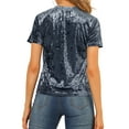 thumbnail image 3 of INSPIRE CHIC Women's Party Velvet Top Crew Neck Short Sleeve Casual T-Shirt L Gray Blue, 3 of 8