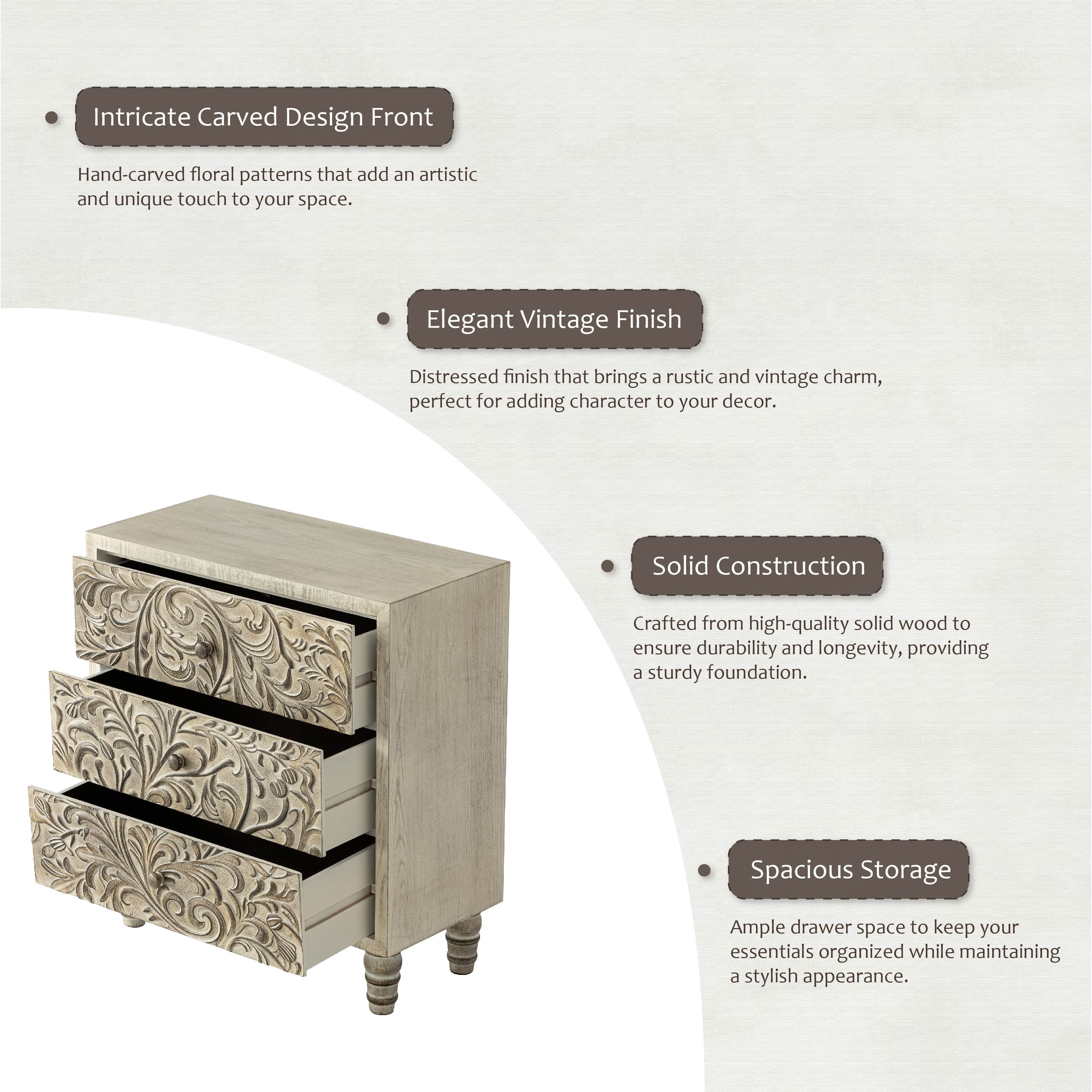 COZAYH 3 Drawer Farmhouse Dresser with Embossed Weathered Flower Motif, Vintage Nightstand for Living Room Bedroom, Almost Fully-Assembled, Boho, Weathered White