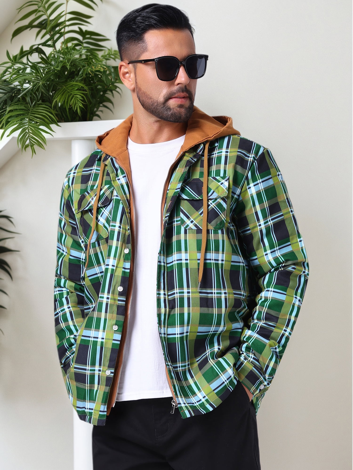 DARING DIVA Shirt Jacket Drawstring Hooded Plaid Shacket L Green Khaki