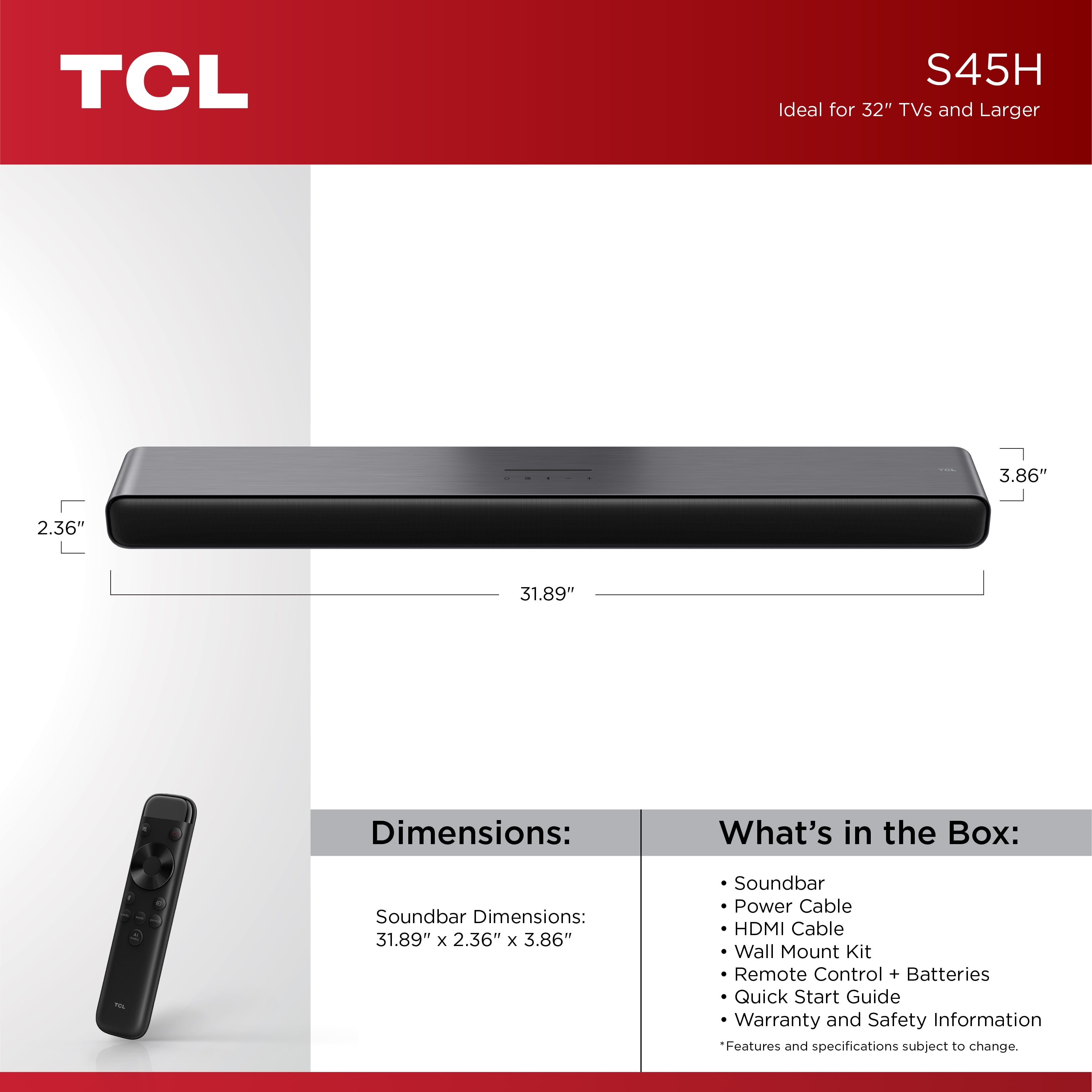 TCL, Sound Bar, S45H, Dolby Atmos DTS Virtual:X Bluetooth