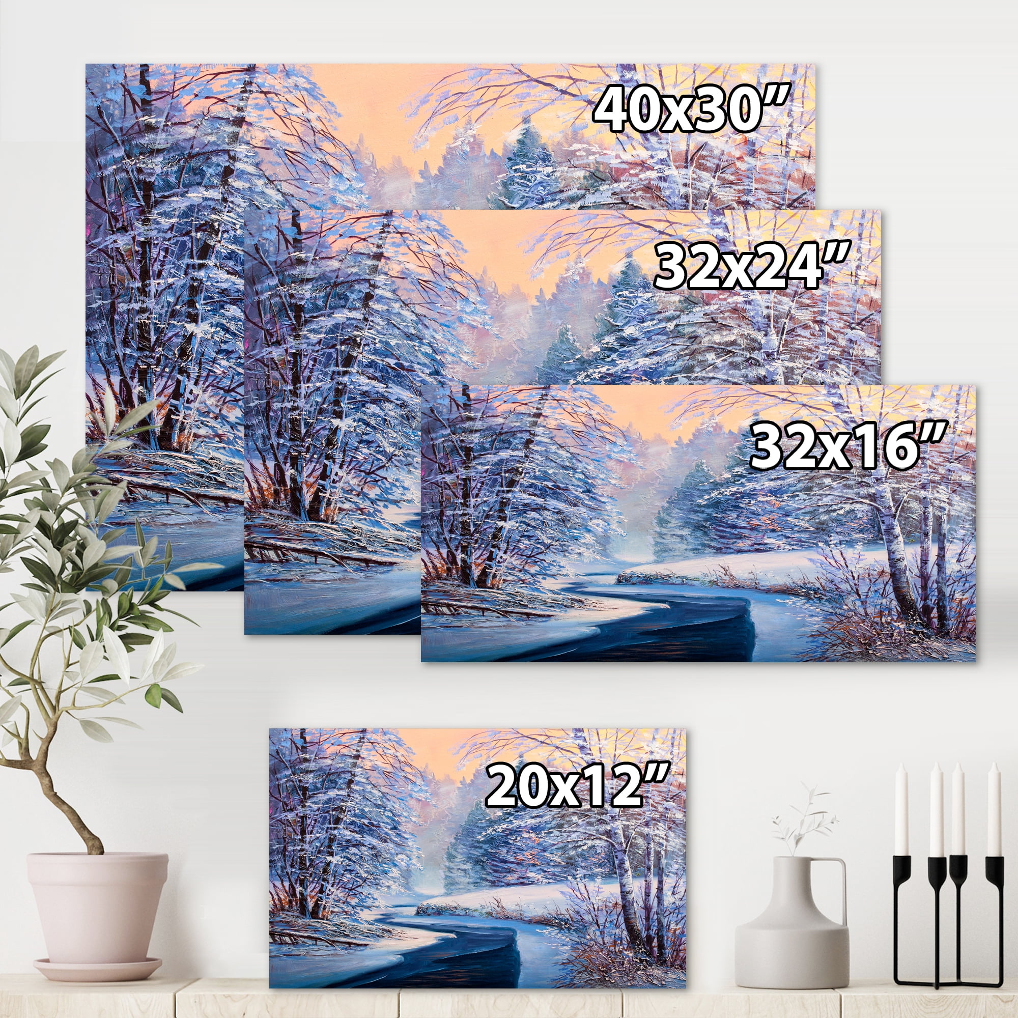 Designart ' Pastel Winter Forest With River ' Lake House Canvas Wall Art Print