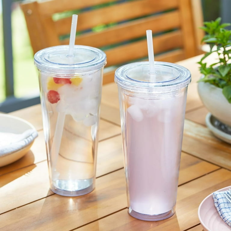 Insulated Double Wall Plastic Tumbler with Lids and Straws, Bexikou 1 Pack  Reusable Transparent Plastic Cup,24 oz Clear Plastic Tumblers for Coffee ...
