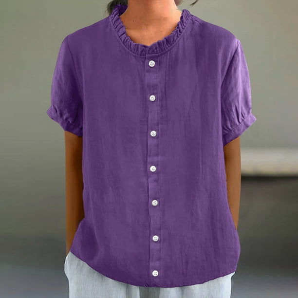 mfyjkho Tops Casuales Para Mujer, Blusa Informal De Manga Corta Con Cuello Redondo Y Botones De Encaje Liso Para Mujer Tops Para Salir Para Mujer L